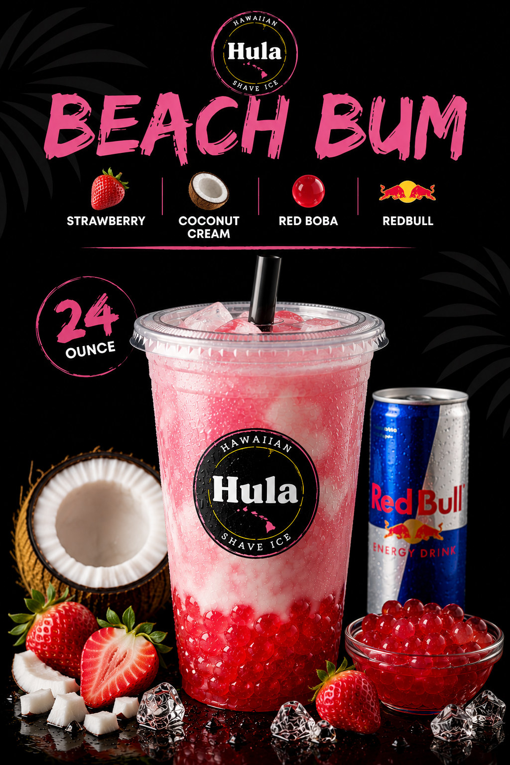 Beach Bum dirty soda with red boba, strawberries, coconut, and a Red Bull can on a dark studio set