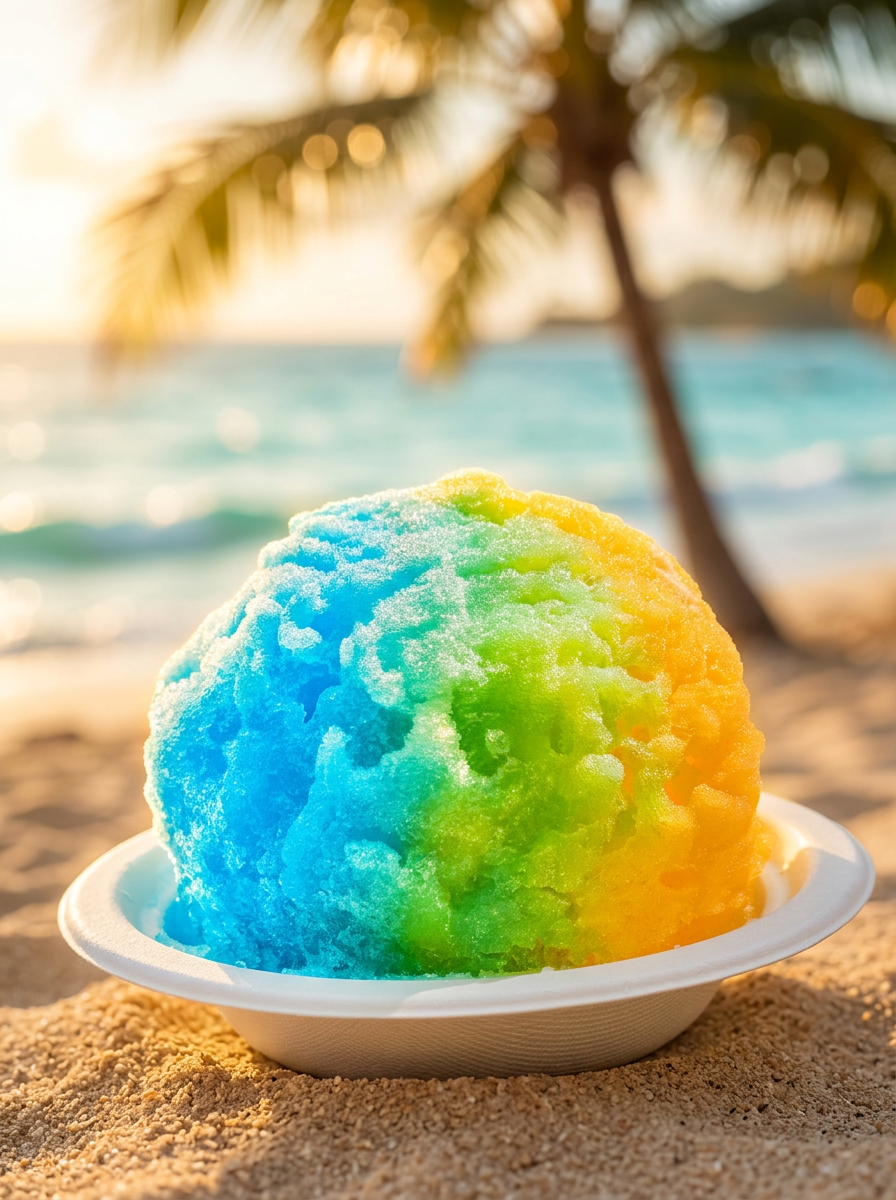 Rainbow Hawaiian shave ice with sweet syrups dripping