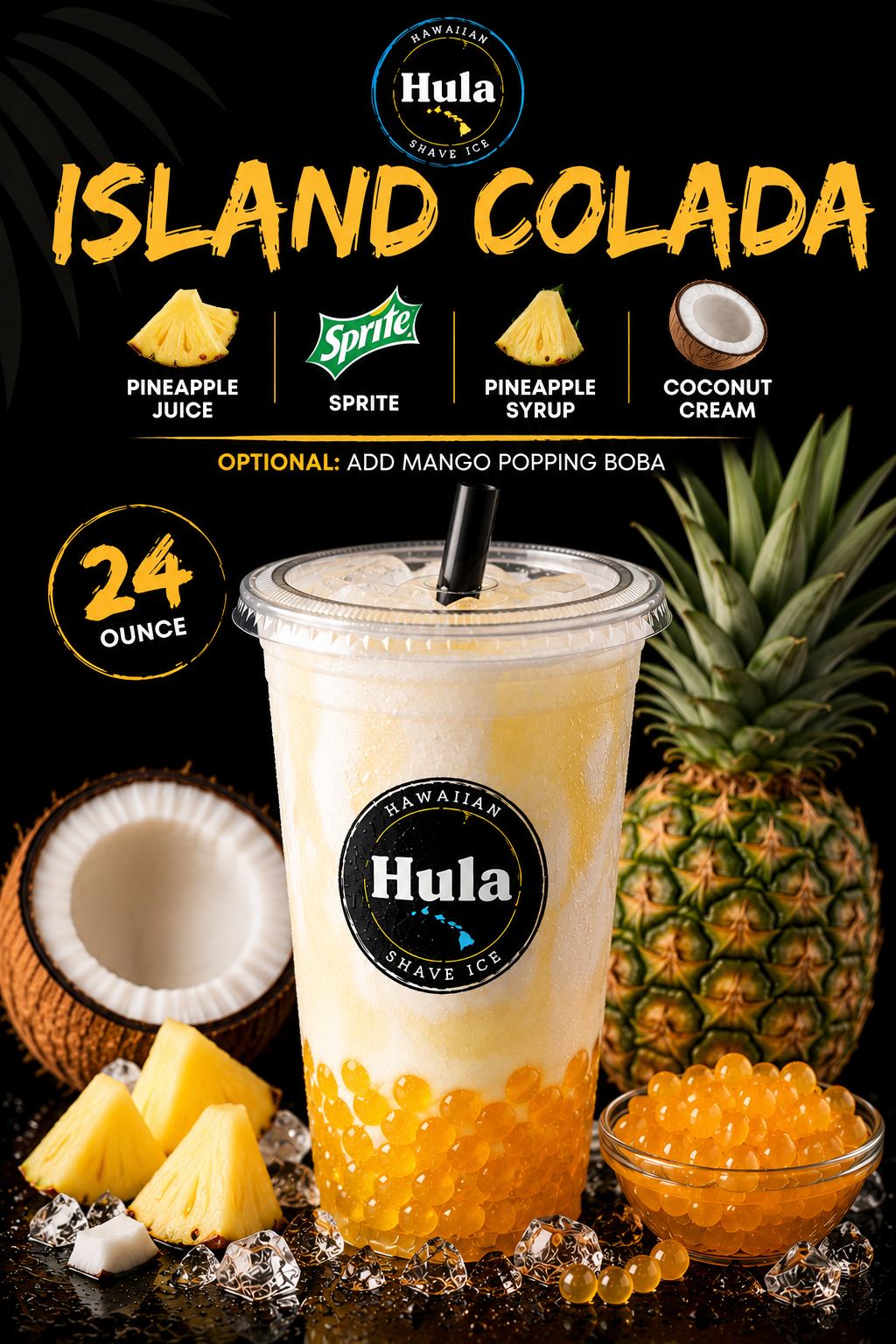 Island Colada dirty soda with yellow boba, pineapple, and coconut on a dark studio set