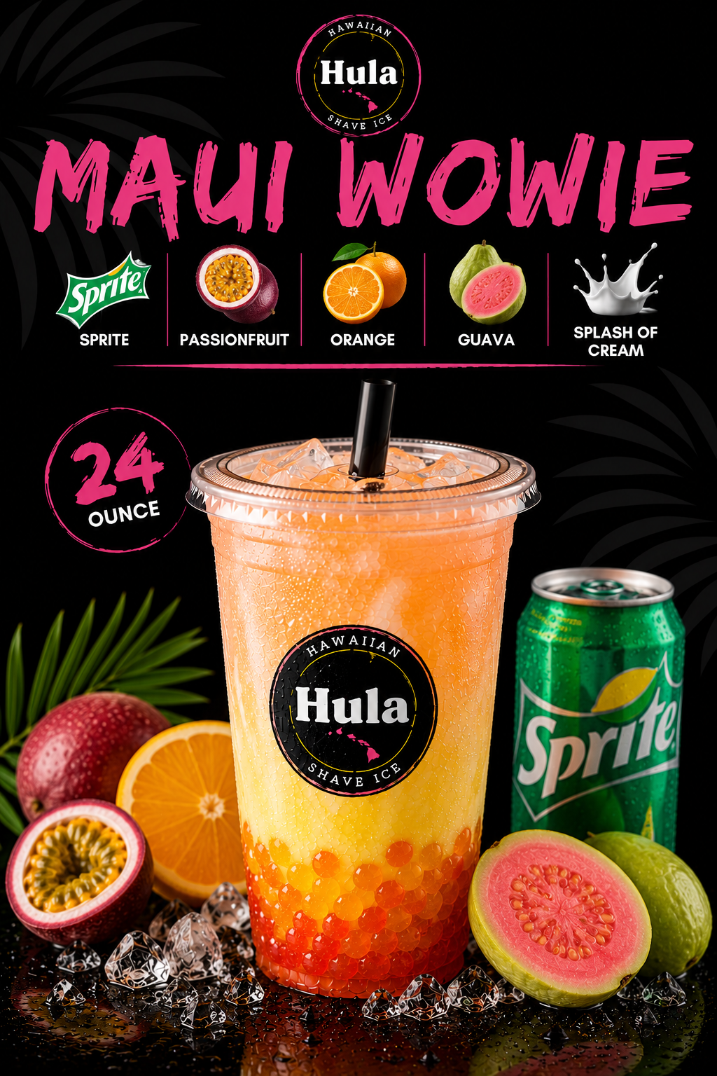 Maui Wowie dirty soda with tropical fruit and orange boba on a dark studio set