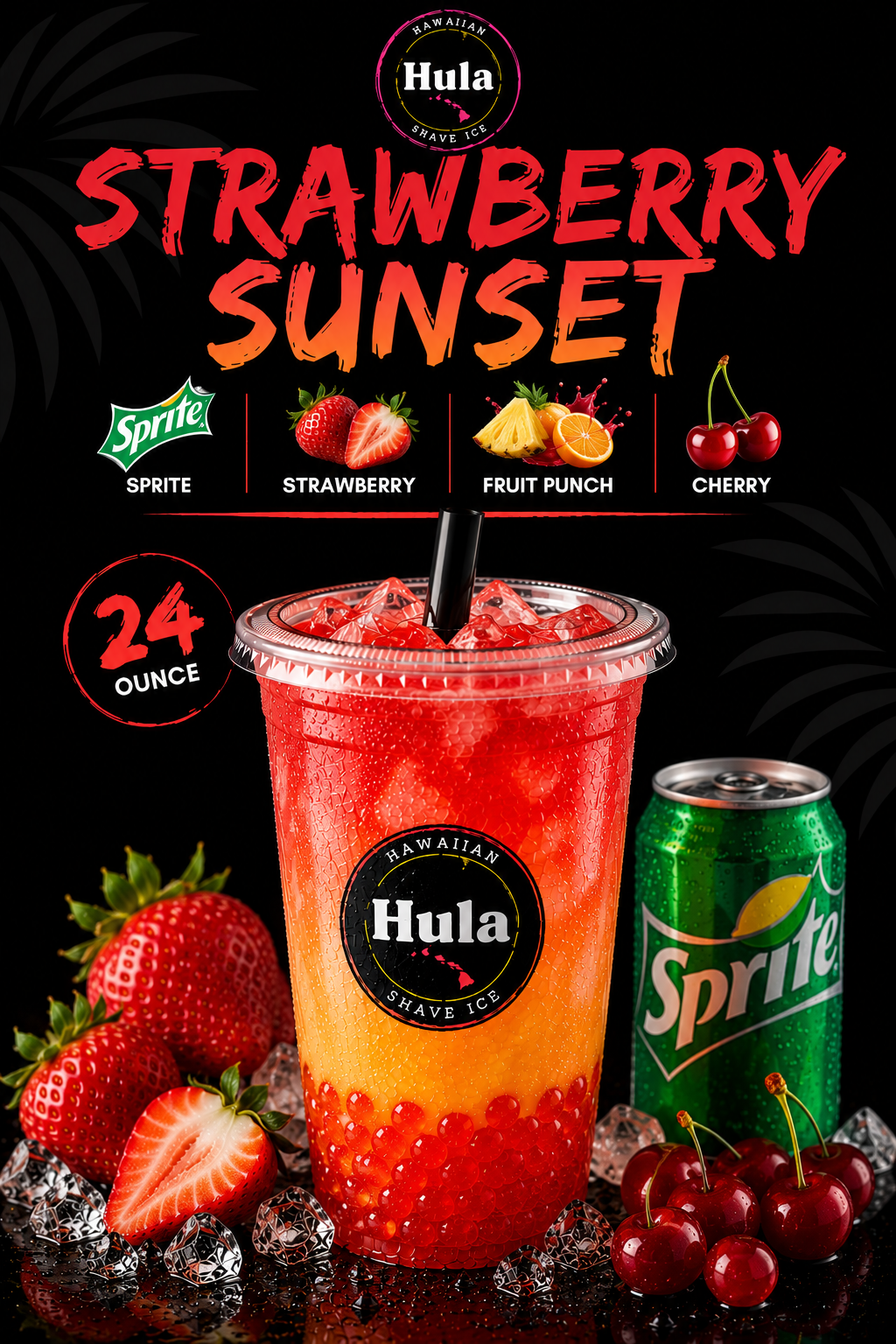 Strawberry Sunset dirty soda with a red-orange gradient, cherries, strawberries, and Sprite on a dark studio set